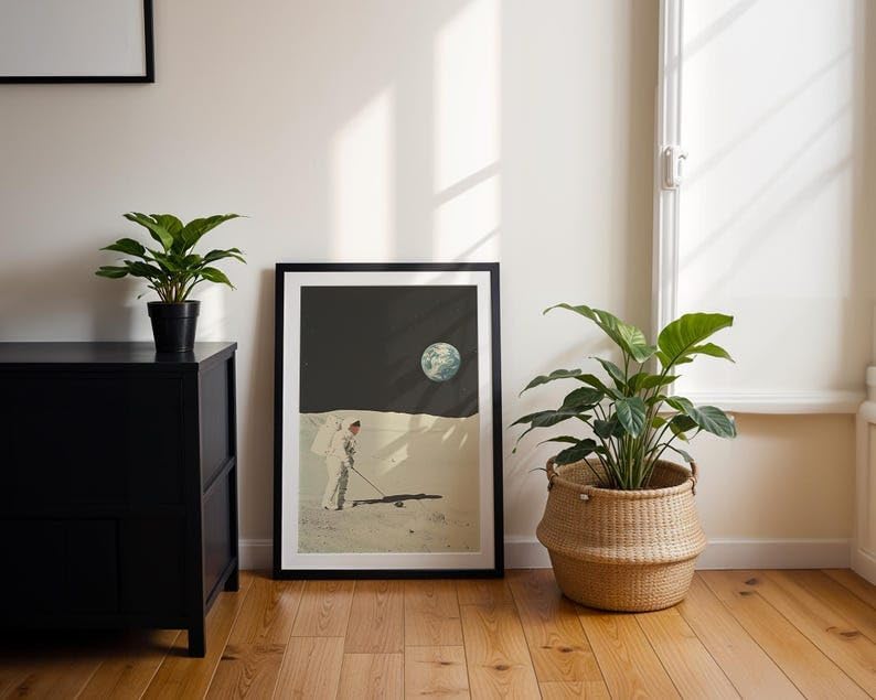 Vintage Space Golf Wall Art, Retro Astronaut Sports Print for Bar, Office or Game Room Decor, Outer Space Golfer Poster with Earth View and Tee Time Theme (Unframed) (11x14)