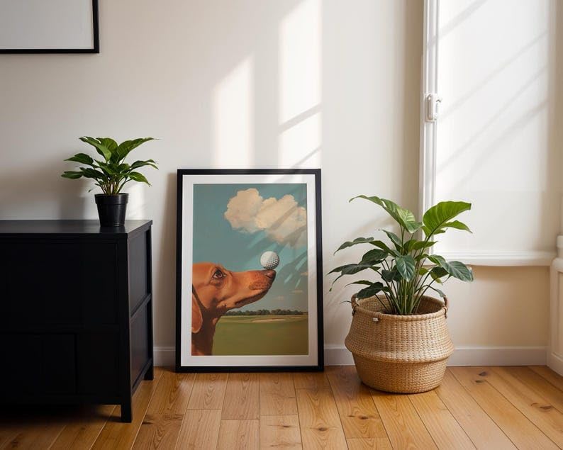 Nationcog Elegant Dachshund Golf Wall Art, Retro Wiener Dog Sports Oil Painting Print for Bar, Office or Home Decor, Playful Golfer Artwork for Dog Lovers (Unframed) (11x14)