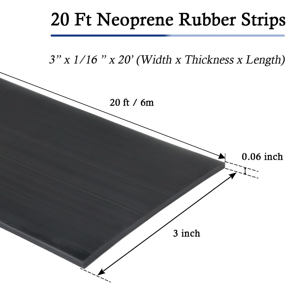 Neoprene Rubber Strips Self Adhesive Solid Rubber Sheets, Rolls & Strips for DIY Gaskets Crafts Pads Seals Warehouse Flooring Neoprene Sheet with Adhesive Backing (3" Wide x 1/16" Thick x 20' Long)