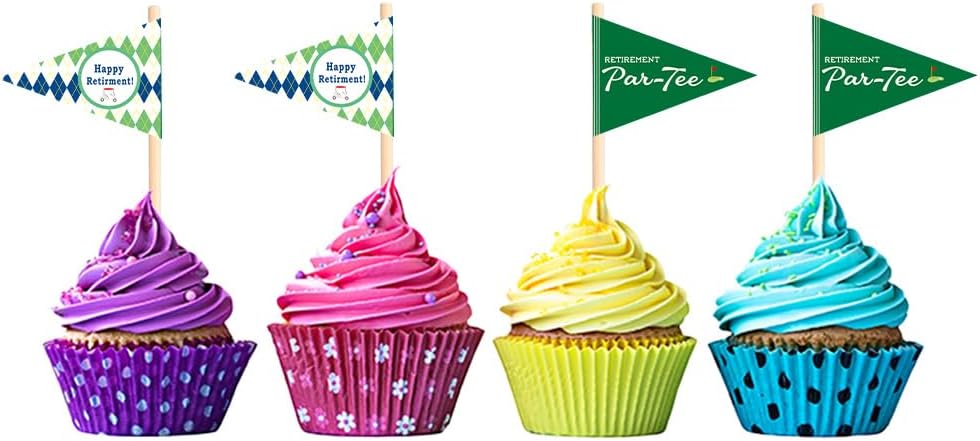 Golf Themed Toothpick Flags, 20 PCS Happy Retiremend Par-Tee Golf Cocktail Picks Mini Stick Cupcake Toppers Flags for Retirement Par-Tee Party Food Bar Decorations (Retirement Par-Tee)