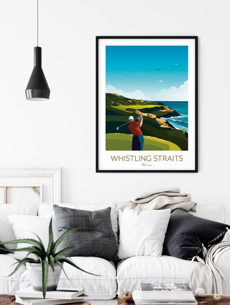 Whistling Straits Golf Print, Wisconsin - Golf Poster, Whistling Straits Golf Poster, Wisconsin Golf Course Print, Golf Art Wall Decor, Coastal Golf Landscape, Golfer Gift (Unframed) (9x11)