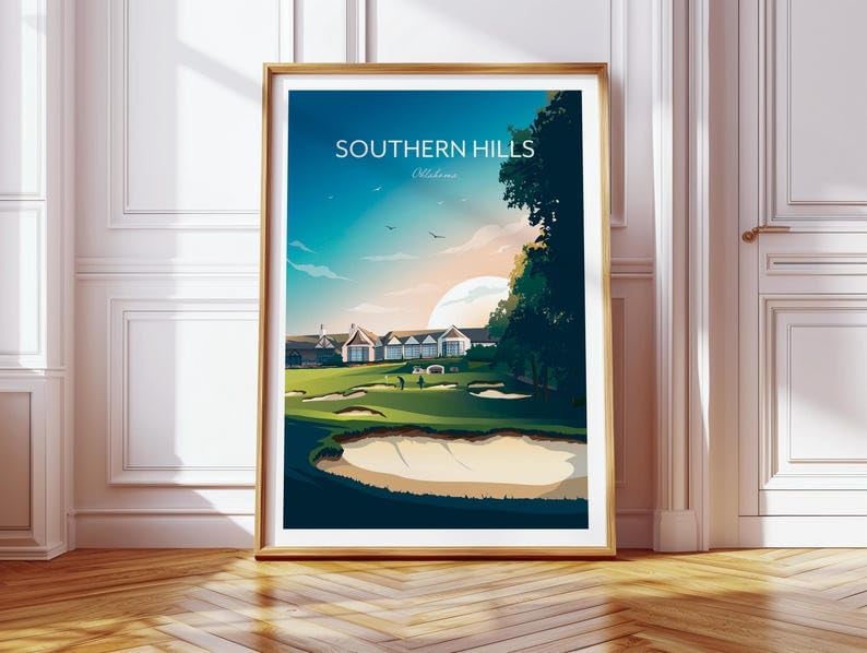 Nationcog Golf Print Southern Hills Country Club - Tulsa, Oklahoma, Southern Hills Golf Poster, Oklahoma Golf Course Art, Vintage Golf Travel Print, Luxury Golf Resort Art (Unframed) (12x18)