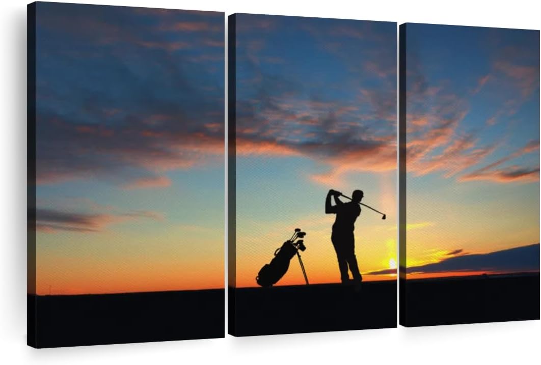 ElephantStock Golfing At Sunset Wall Art - Horizontal Canvas - 3-Piece Living Room Wall Decor - Golf Photography Canvas Print - Black and Orange Decor for Wall - 50" X 32"