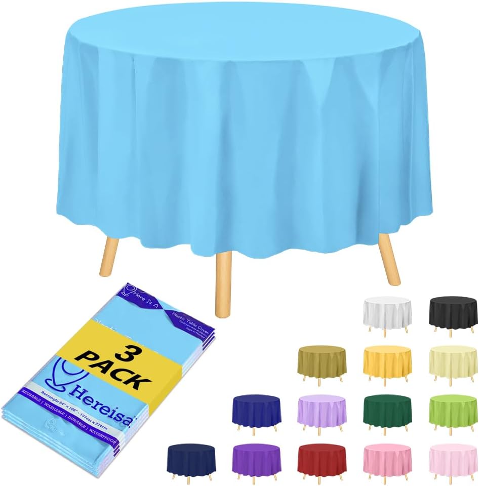 Brand Round Light Blue Plastic 84" Disposable Tablecloth (3 Pack), Party & Event Decorative Cover
