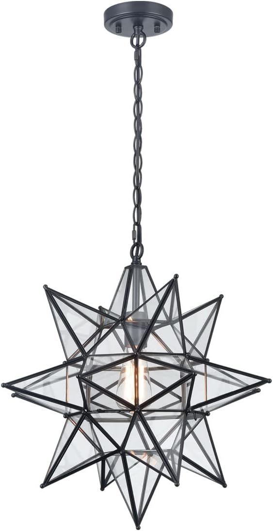 DIRYZON Boho Moravian Star Pendant Light 20 Inch Large Black Hanging Ceiling Light，Modern Clear Glass Pendant Lighting for Kitchen Island Porch Bedroom