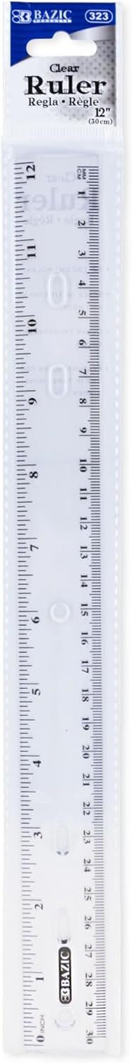 BAZIC Products Plastic Clear Rulers 12 inch (30cm), Inches Centimeter Metric Ruler Measuring Long Ruler, Straight Edge Ruler for Students School Supplies, 1-Pack