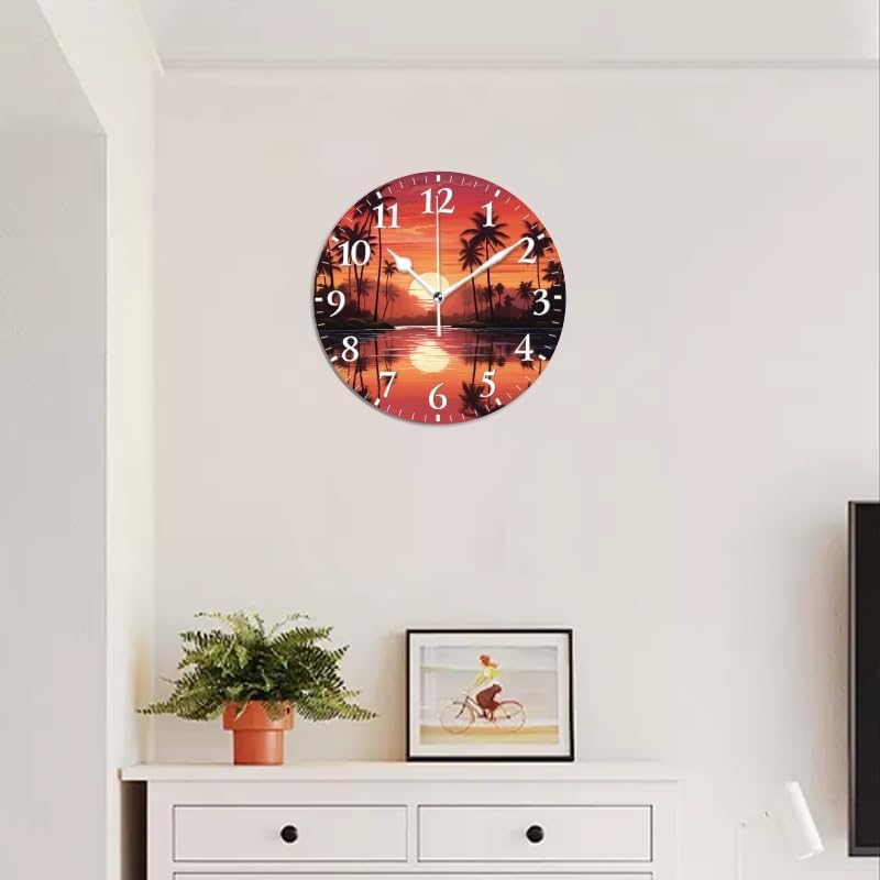 Sunset Wall Clock Non-Ticking Silent Clocks Battery Operated Analog Decor Clock for Home-Sunset with Palm Trees and Reflections On The Water(12inch)