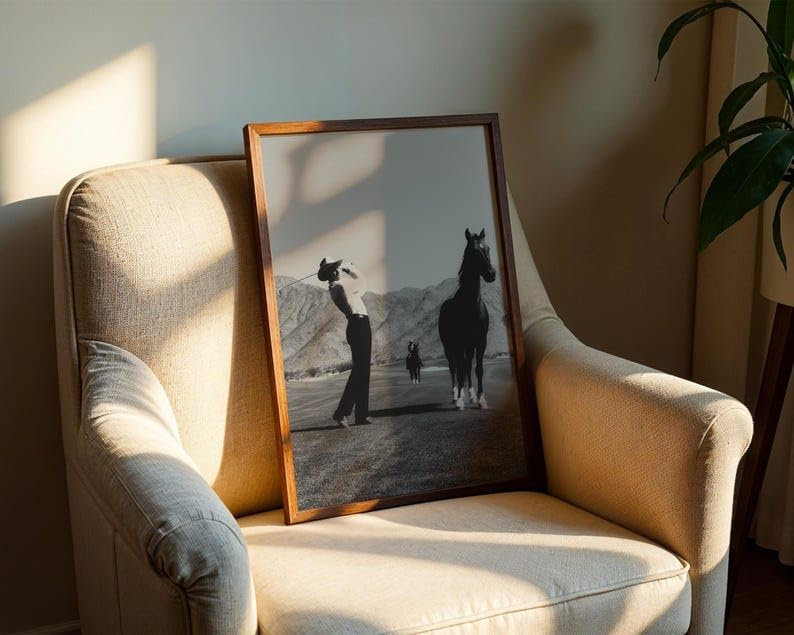 Nationcog Vintage Western Cowboy Golf Wall Art, Retro Black and White Sports Photography Print for Bar or Office Decor, Rustic Golfer Artwork for Country Homes (Unframed) (20x30)