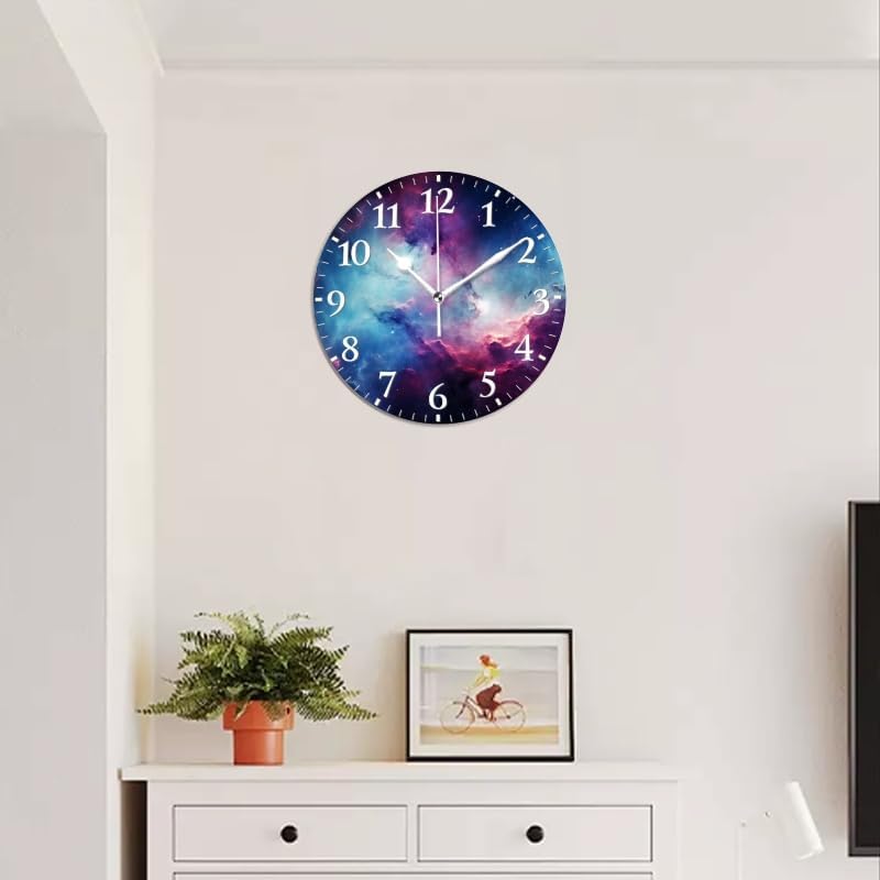 Nebula Wall Clock Non-Ticking Silent Clocks Battery Operated Analog Decor Clock for Home-Amazing Nebula with Blue and Purple Colors(16inch)