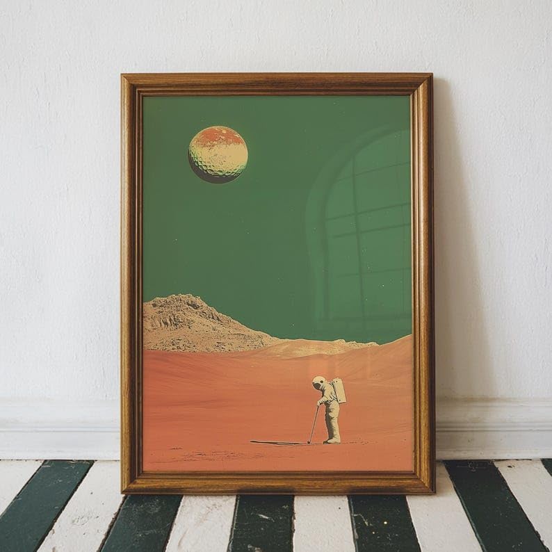 Retro Space Golf Wall Art, Vintage Mars Landscape Sports Print for Bar, Office or Game Room Decor, Astronaut Golfer Poster with Tee Time Theme (Unframed) (24x36)
