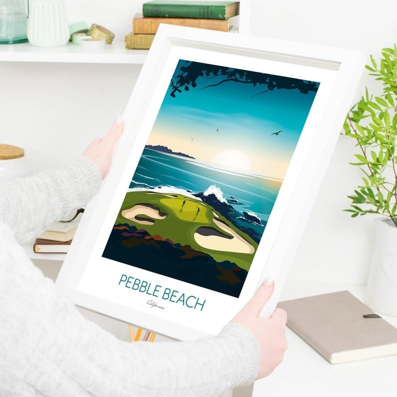 Golf Print - Pebble Beach California - US Open Golf Gift, Pebble Beach Golf Course Poster, California Golf Print, Coastal Golf Art, Golf Landscape Illustration, Sports Wall Decor. (Unframed) (27x40)