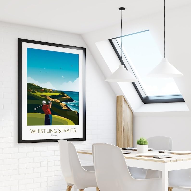 Whistling Straits Golf Print, Wisconsin - Golf Poster, Whistling Straits Golf Poster, Wisconsin Golf Course Print, Golf Art Wall Decor, Coastal Golf Landscape, Golfer Gift (Unframed) (9x11)