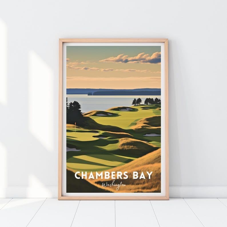 Nationcog Chambers Bay Golf Poster, Vintage Washington Travel Wall Art Print, Retro Coastal Golf Landscape Decor, Sports Artwork Gift for Men or Office (Unframed) (20x30)