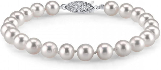 The Pearl Source White Freshwater Pearl Bracelet for Women - Cultured Pearl Bracelet in 14k Gold Plated Sterling Silver Clasp with Genuine Cultured Pearls