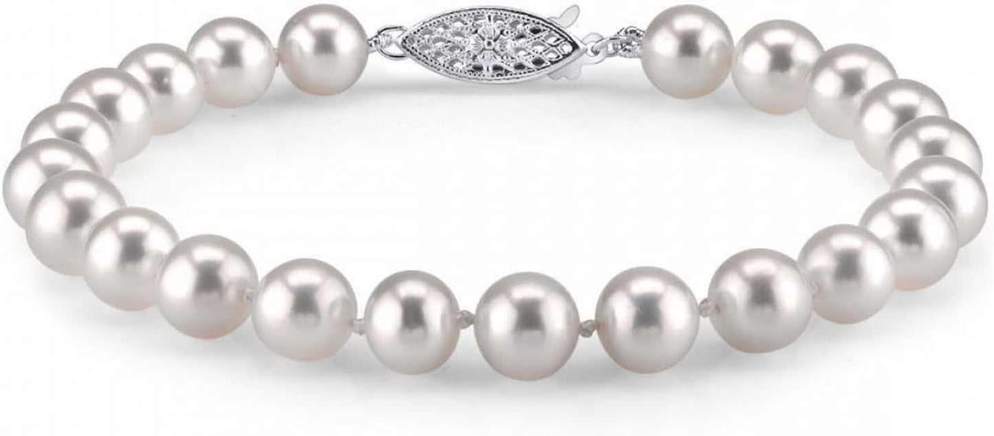 The Pearl Source White Freshwater Pearl Bracelet for Women - Cultured Pearl Bracelet in 14k Gold Plated Sterling Silver Clasp with Genuine Cultured Pearls