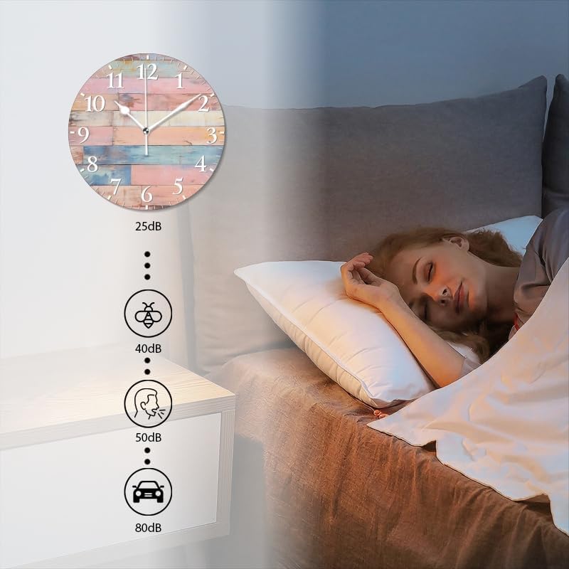 Plank Wall Clock Non-Ticking Silent Clocks Battery Operated Analog Decor Clock for Home-Colorful Pastel Pink Wooden Wall(12inch)