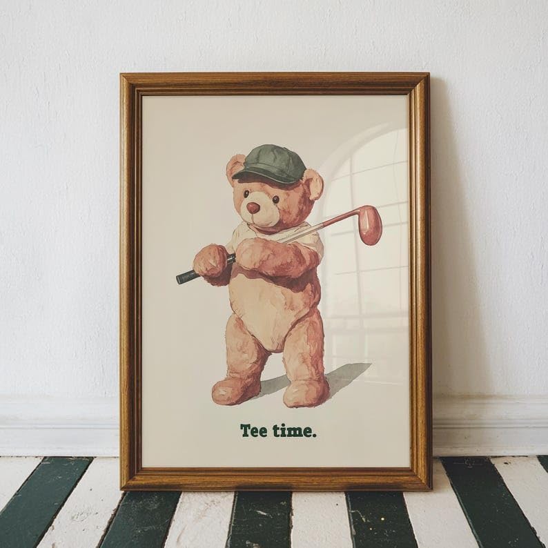 Nationcog Vintage Golf Teddy Bear Wall Art, Retro Watercolor Sports Print for Nursery, Kids Bedroom or Playroom Decor, Cute Golfer Artwork for Baby Boy (Unframed) (27x40)