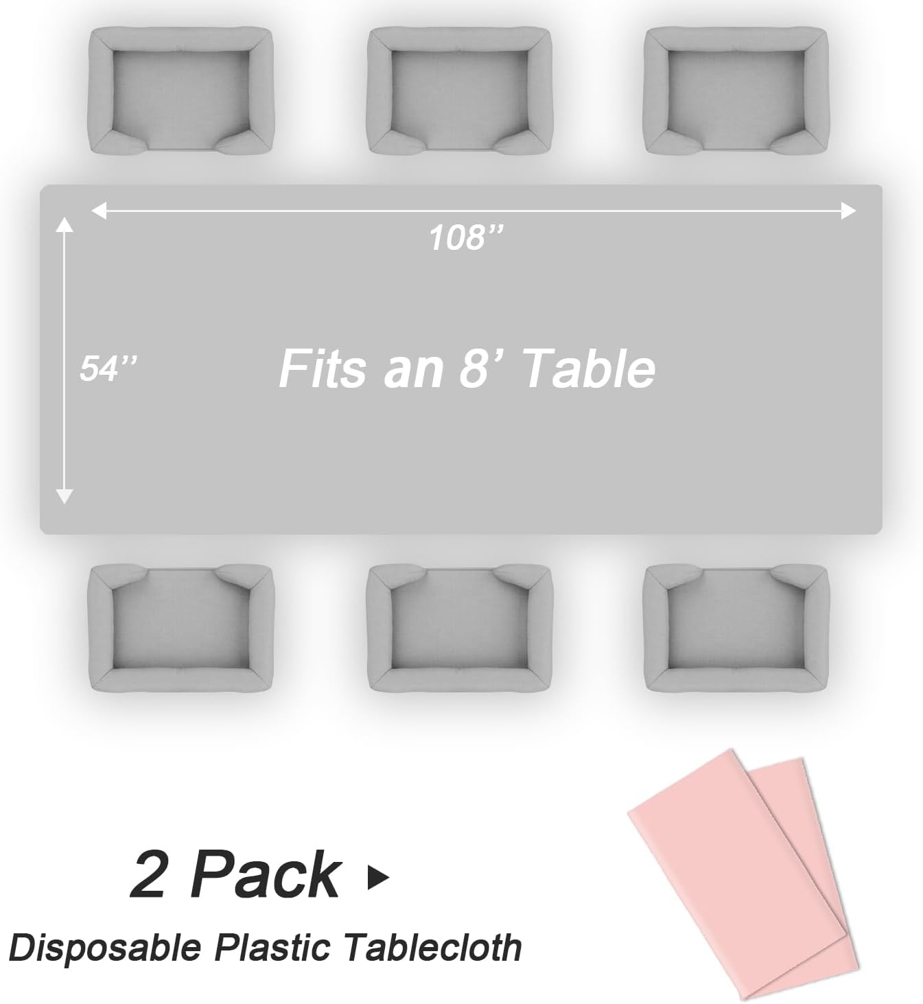 QIKSION Plastic Table Cloth Disposable 2 Pack, 54 x 108 Inch Tablecloths for Rectangle Tables, Blush Pink Plastic Table Cover