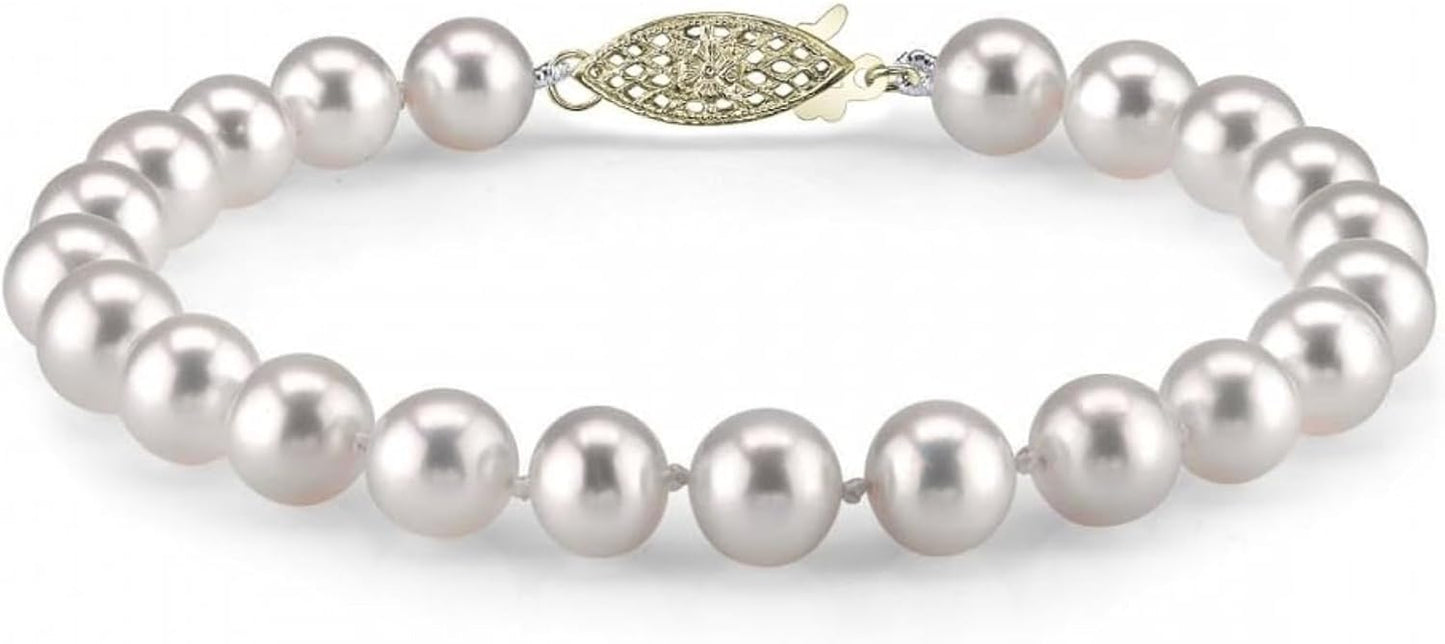 The Pearl Source White Freshwater Pearl Bracelet for Women - Cultured Pearl Bracelet in 14k Gold Plated Sterling Silver Clasp with Genuine Cultured Pearls