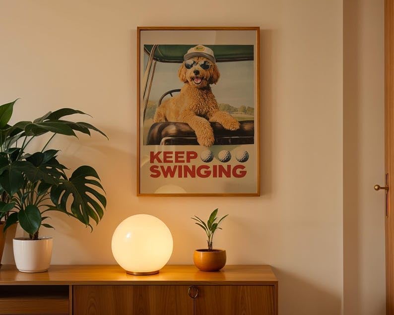 Funny Goldendoodle Golf Wall Art, Vintage Retro Dog Sports Print for Bar, Office or Home Decor, Keep Swinging Inspirational Golfer Artwork (Unframed) (16x24)