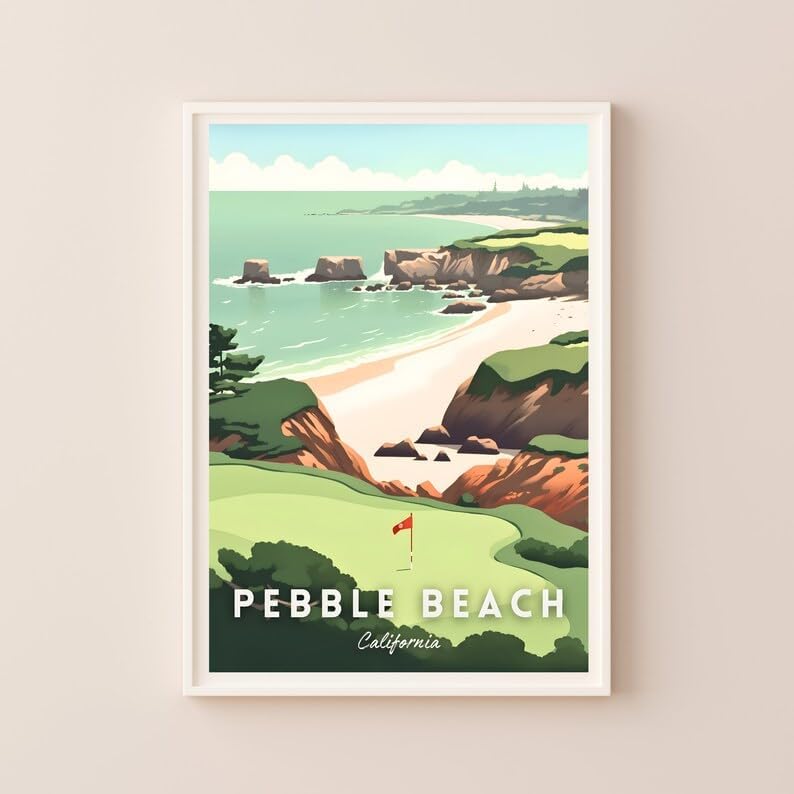 Nationcog Pebble Beach Golf Wall Art Print, Retro Coastal Landscape Poster for Bedroom or Office, Beachside Decor for Men, Great Gift for Dad, California Golf Artwork (Unframed) (20x30)