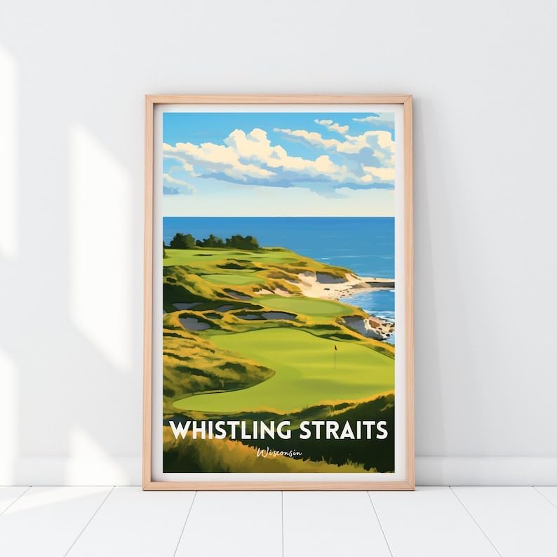 Nationcog Whistling Straits Golf Wall Art Print, Retro Wisconsin Coastal Poster for Living Room or Office, Scenic Course Decor for Men, Gift Idea for Dad, Lakefront Room Accent (Unframed) (9x11)