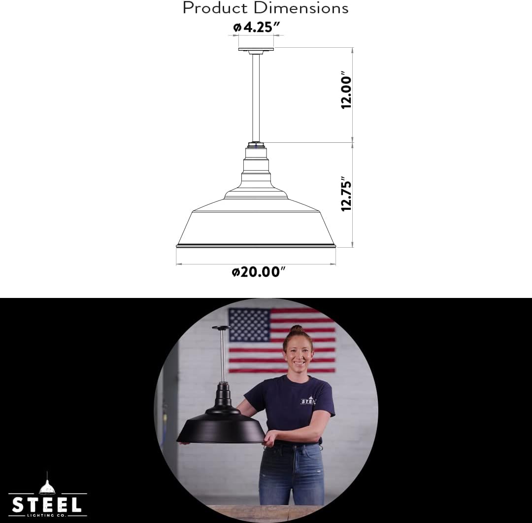 Steel Lighting Co. Manhattan Warehouse Light | Ceiling Mounted Pendant | 20 inch Dome | 12 inch Stem | Large Steel Barn Light Made in America | Green Exterior/White Interior