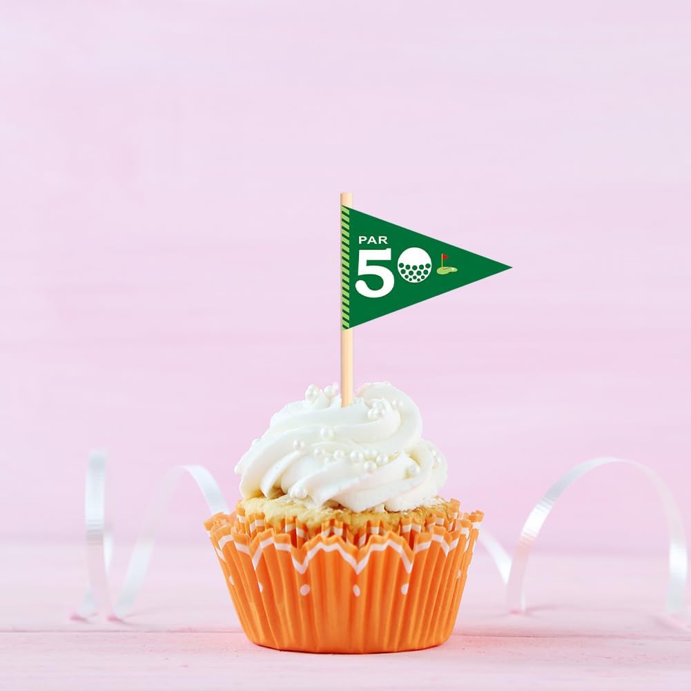 Golf Themed Toothpick Flags, 20 PCS Par 50 And Still Swinging Birthday Golf Cocktail Picks Mini Stick Cupcake Toppers Flags for Par 50 Golf 50th Birthday Party Food Bar Decorations (Par 50)
