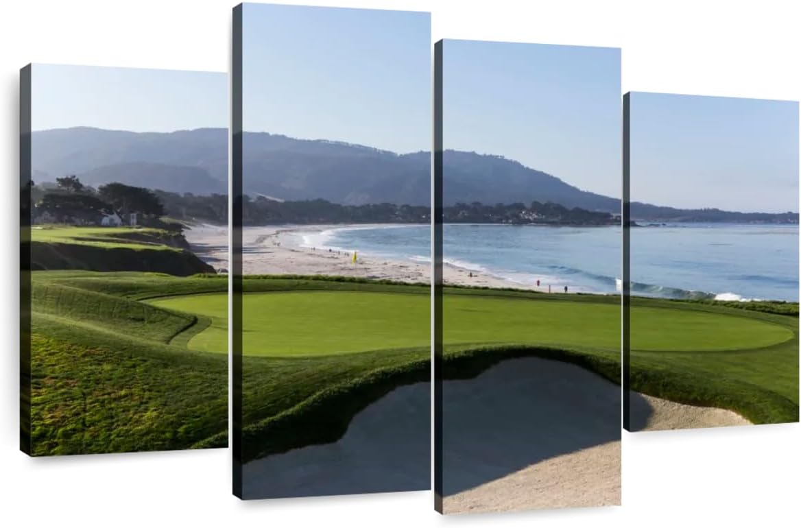Elephant Stock Monterey CA Golf Course Wall Art - Horizontal Canvas - 4-Piece Living Room Wall Decor - Photography Sports Canvas Print - Blue and Green Decor for Wall - 84" X 54"