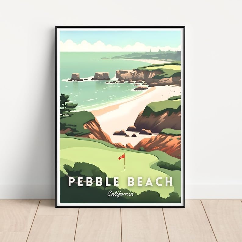 Nationcog Pebble Beach Golf Wall Art Print, Retro Coastal Landscape Poster for Bedroom or Office, Beachside Decor for Men, Great Gift for Dad, California Golf Artwork (Unframed) (20x30)