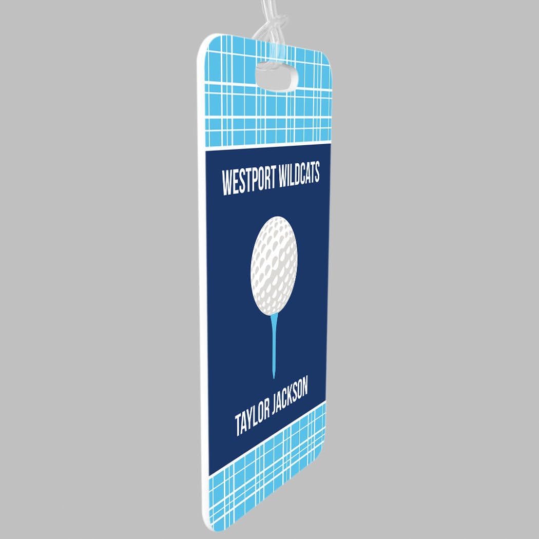ChalkTalkSPORTS Golf Luggage & Bag Tag | Personalized Team with Golf Ball | Standard Lines on Back | Large | Carolina/Navy