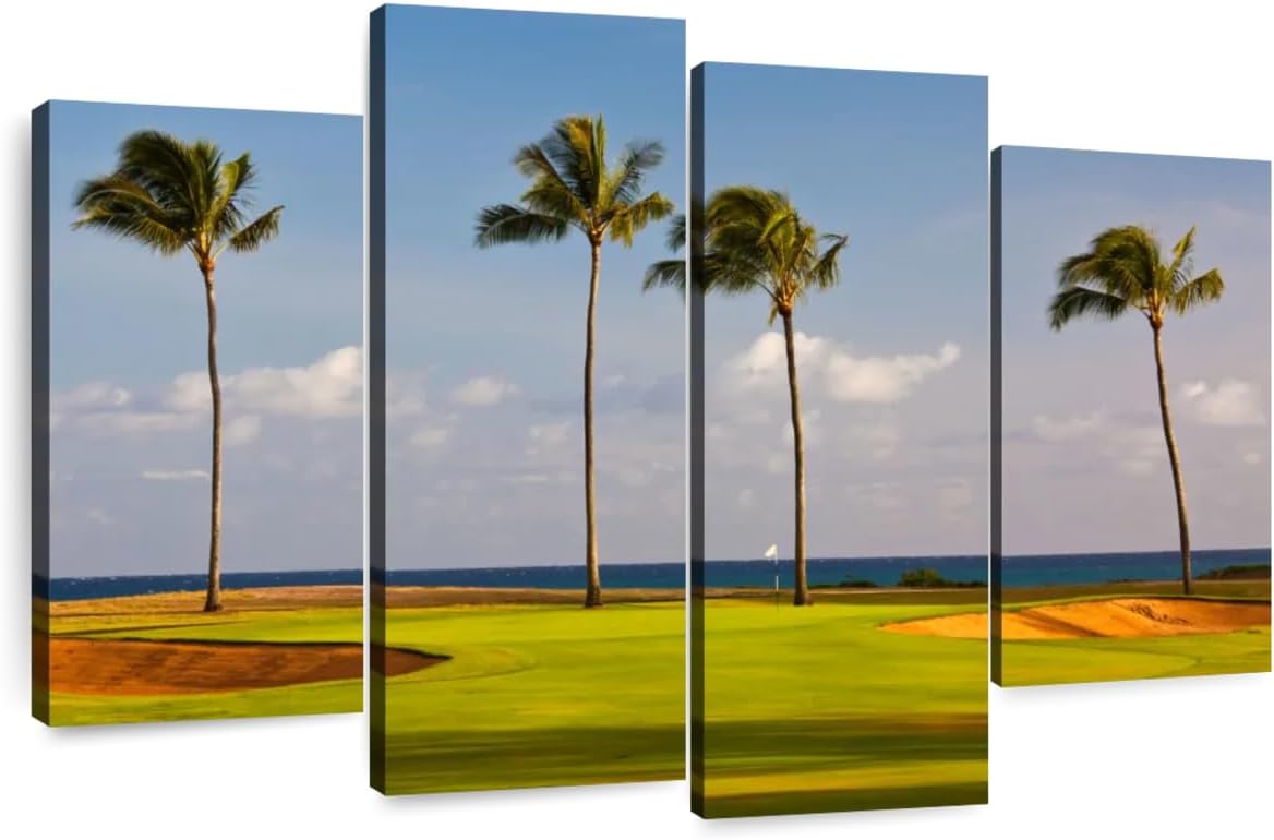 Elephant Stock Hawaiian Golf Course Wall Art - Horizontal Canvas - 4-Piece Living Room Wall Decor - Photography Sports Canvas Print - Green and Yellow Decor for Wall - 30" X 18"