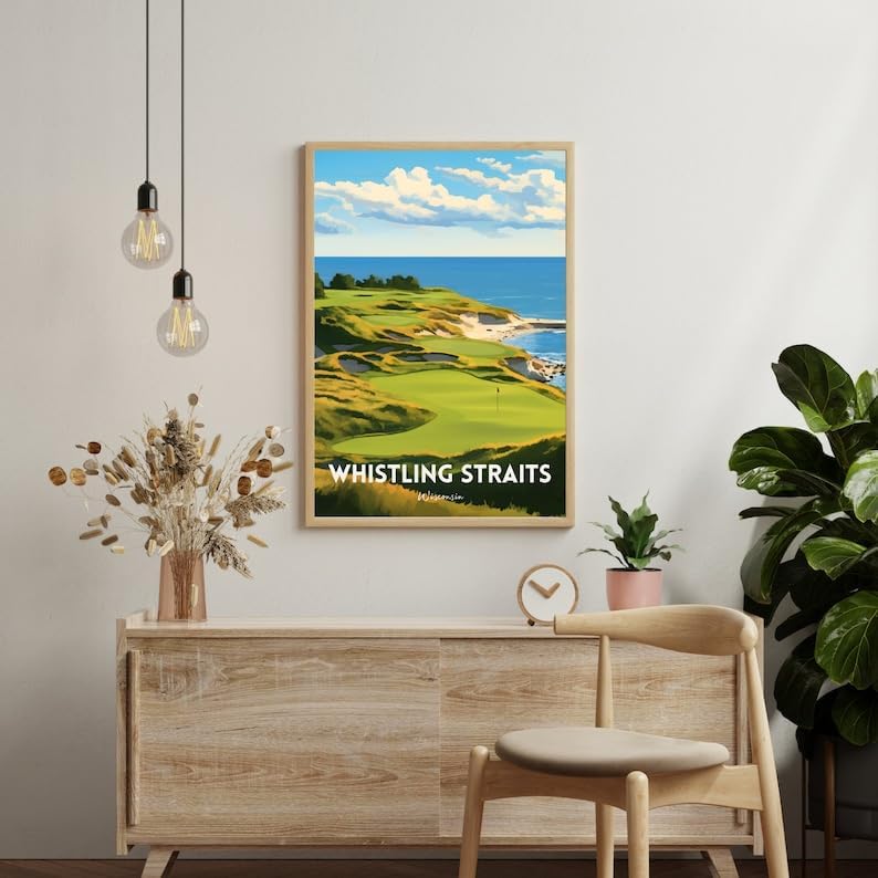 Nationcog Whistling Straits Golf Wall Art Print, Retro Wisconsin Coastal Poster for Living Room or Office, Scenic Course Decor for Men, Gift Idea for Dad, Lakefront Room Accent (Unframed) (12x18)