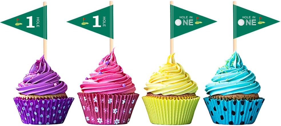 Golf Themed Toothpick Flags, 20 PCS Hole In One 1st Birthday Golf Cocktail Picks Mini Stick Cupcake Toppers Flags for Baby 1st Birthday Party Food Bar Decorations (Green Hole In 1)