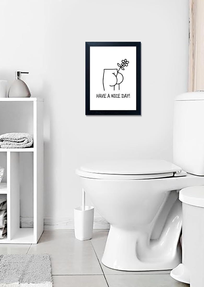 Funny Bathroom Wall Decor, Humoristic Restroom Sign Wall Decor, Black and White Fn Bathroom Wall Art, Framed Minimalist Canvas Print Painting for Decor