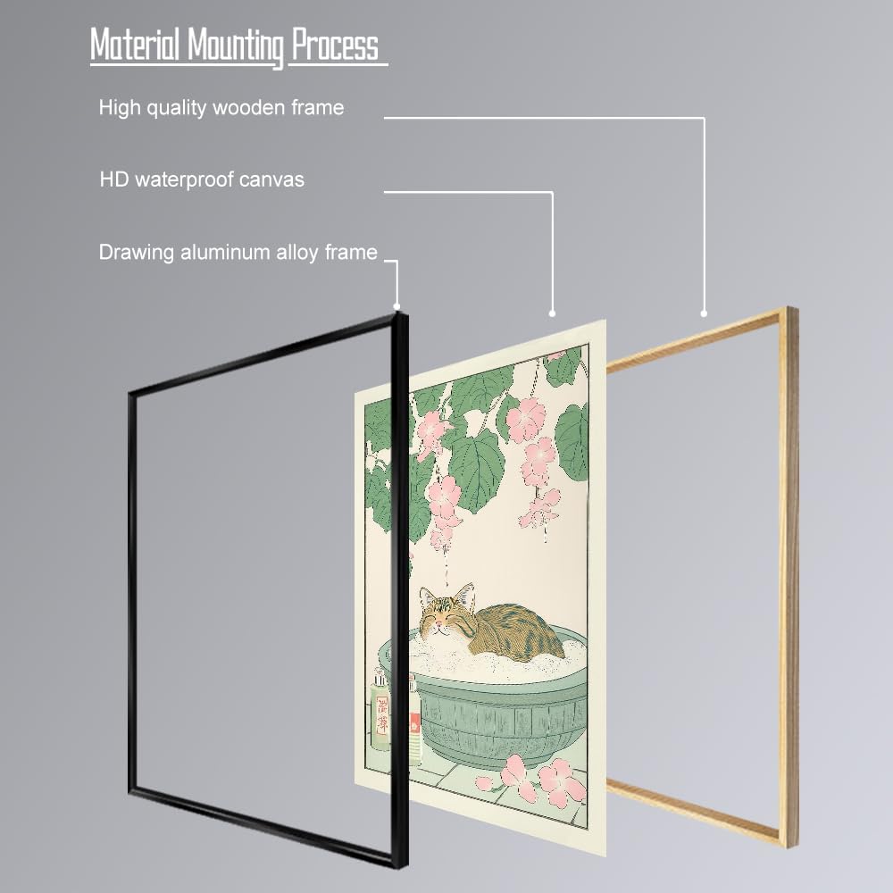 Vintage Tabby Cat in The Bathtub Posters Funny Bathroom Wall Art Cute Animal Lover Canvas Prints Japanese Aesthetic Neutral Minimalist Wall Decor for Dorm Restroom 24x36in Framed