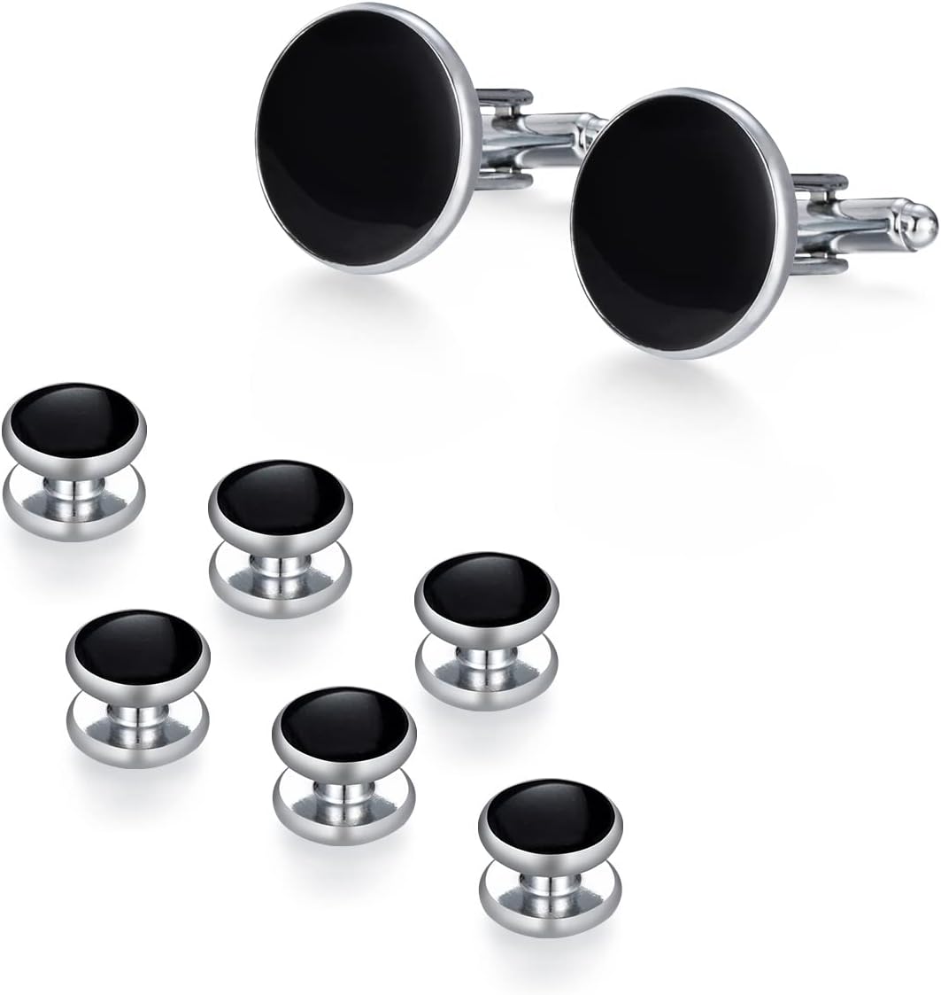 UJOY Cufflinks and Studs Set Blanks Round 4 Colors Shirt Tuxedo Buttons Packed in Cufflink Box for Men