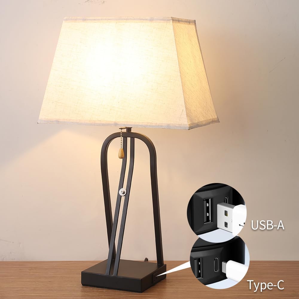 Table Lamp with Photo Frame Design, USB-C and USB-A Ports, Black, Modern Farmhouse Style
