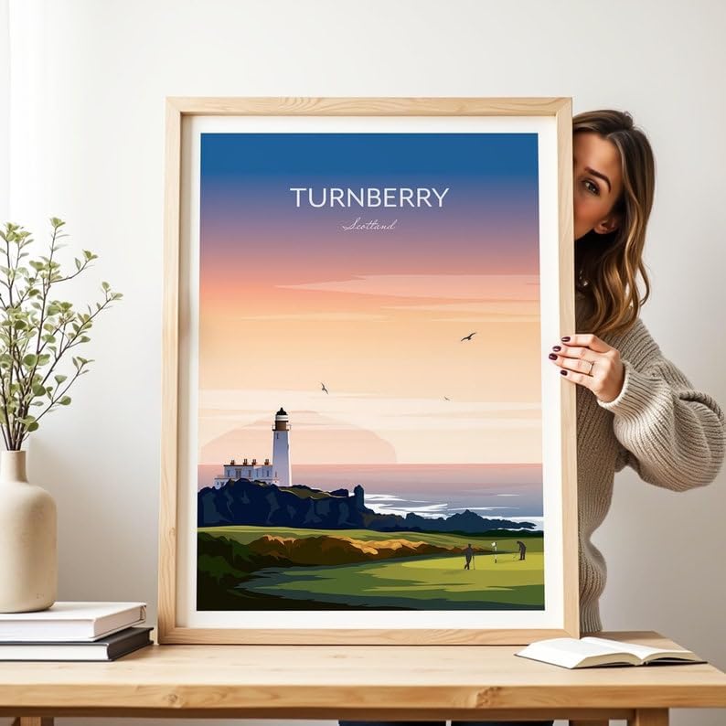 Nationcog Turnberry Golf Print - Ayrshire Scotland, Turnberry Golf Poster, Vintage Golf Travel Poster, Scotland Golf Course Art, Lighthouse Golf Print, Coastal Golf Wall Art (Unframed) (12x18)