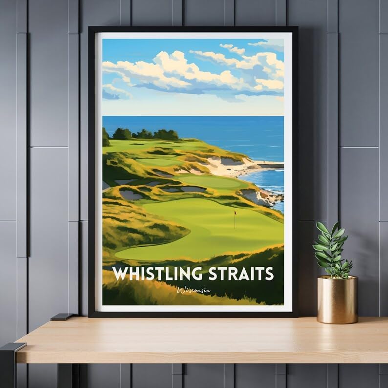 Nationcog Whistling Straits Golf Wall Art Print, Retro Wisconsin Coastal Poster for Living Room or Office, Scenic Course Decor for Men, Gift Idea for Dad, Lakefront Room Accent (Unframed) (27x40)