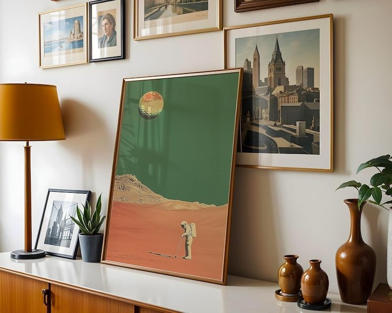 Retro Space Golf Wall Art, Vintage Mars Landscape Sports Print for Bar, Office or Game Room Decor, Astronaut Golfer Poster with Tee Time Theme (Unframed) (24x36)