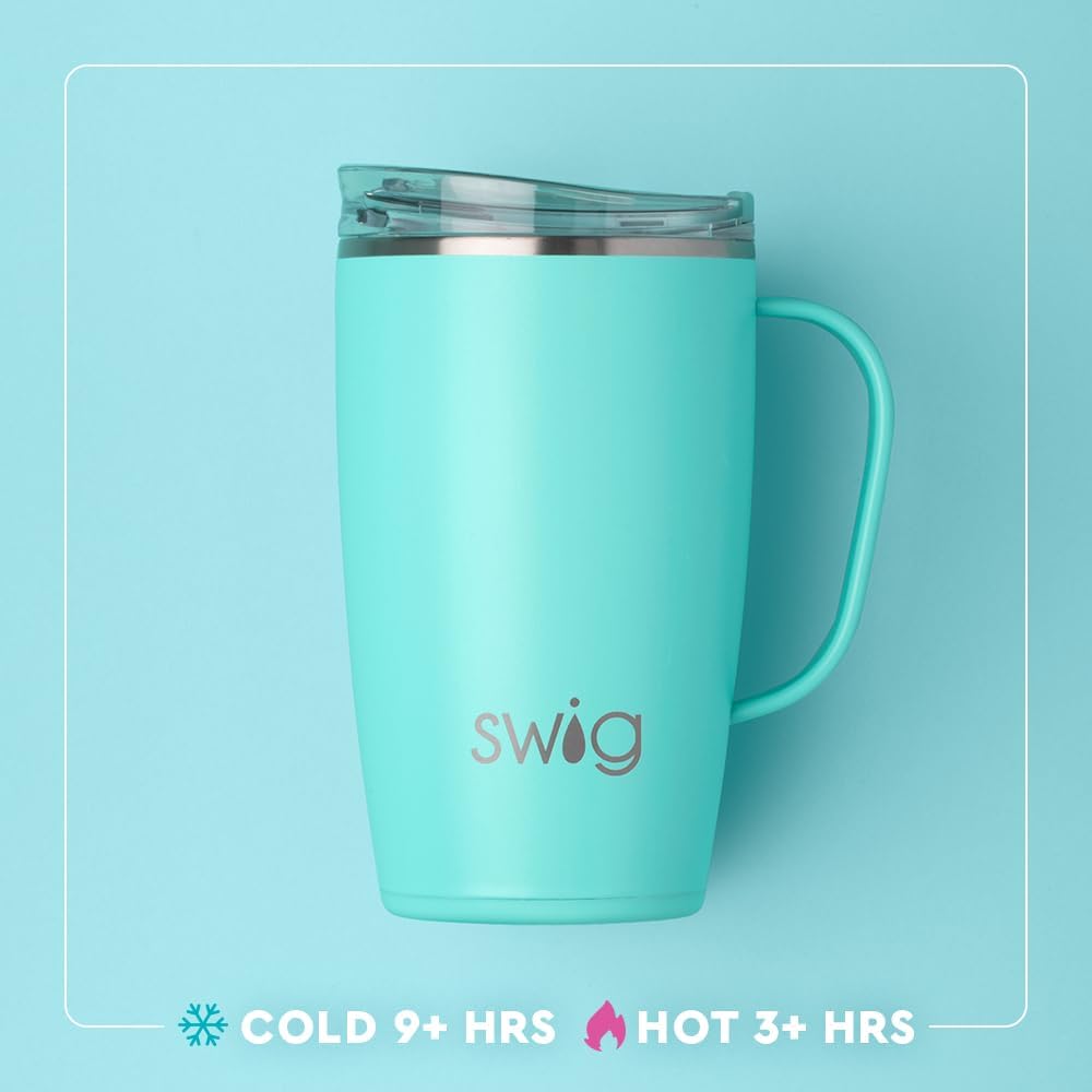 Swig Life 18oz Travel Mug, Insulated Tumbler with Handle and Lid, Travel Coffee Mug, Cup Holder Friendly, Stainless Steel 18 oz Tumbler, Reusable Insulated with Lid (Glacier Stripe)