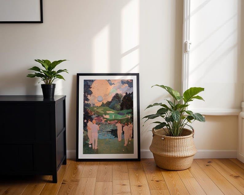 Nationcog Retro Golf Oil Painting Wall Art, Vintage Abstract Sports Print for Bar, Office or Game Room Decor, Masters Course Golfer Artwork with Tee Time Theme (Unframed) (11x14)