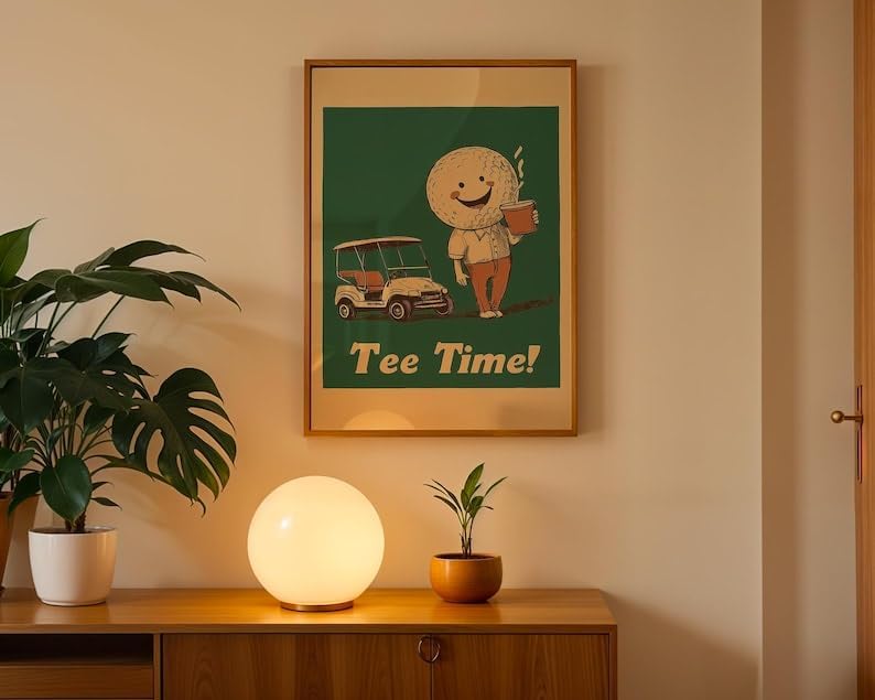 Vintage Tee Time Golf Wall Art, Retro Sports Poster Print for Bar, Office or Game Room Decor, Whimsical Golfer Artwork with Coffee and Golf Cart (Unframed) (9x11)