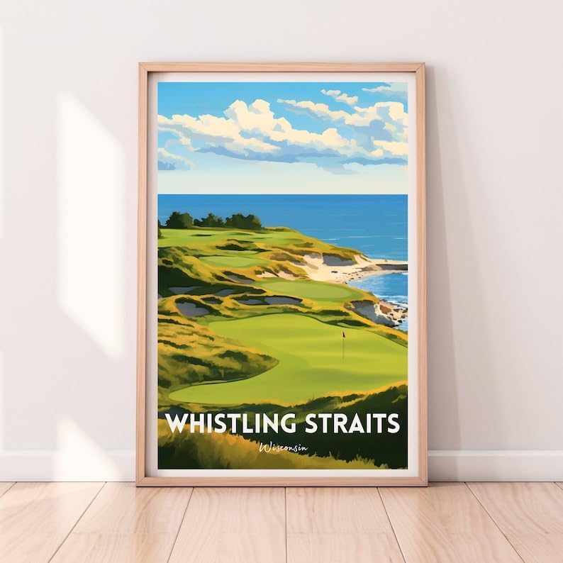 Nationcog Whistling Straits Golf Wall Art Print, Retro Wisconsin Coastal Poster for Living Room or Office, Scenic Course Decor for Men, Gift Idea for Dad, Lakefront Room Accent (Unframed) (27x40)
