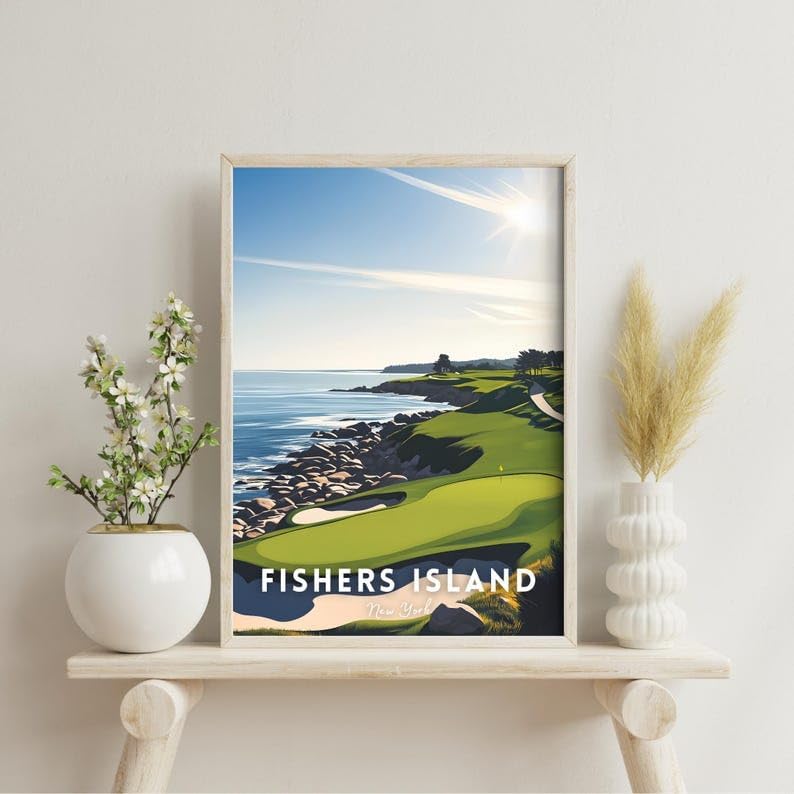 Nationcog Fishers Island Golf Course Poster, New York Vintage Wall Art, Coastal Home Decor, Unique Gift for Dad or Husband, Classic Golf Print for Office or Study (Unframed) (27x40)
