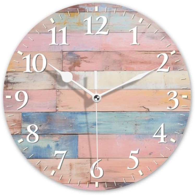 Plank Wall Clock Non-Ticking Silent Clocks Battery Operated Analog Decor Clock for Home-Colorful Pastel Pink Wooden Wall(12inch)