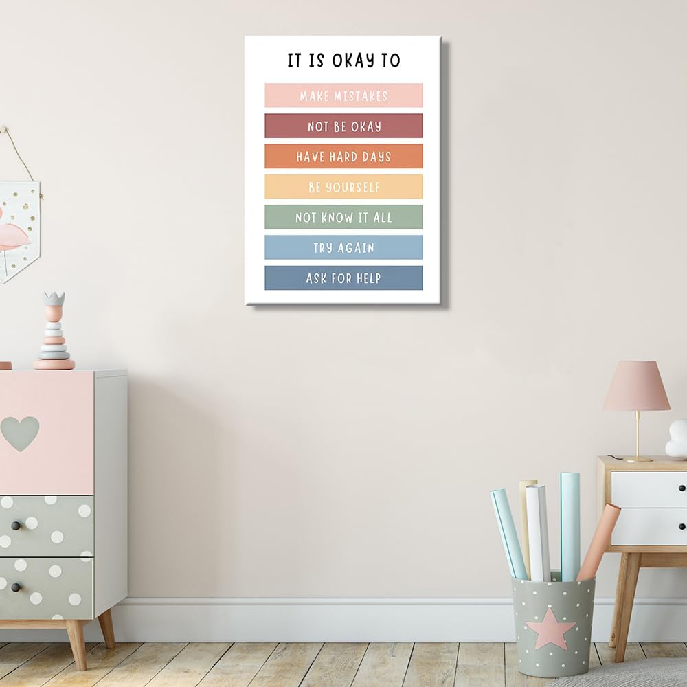 uoyien Growth Mindset Mental Health Posters Boho Classroom Playroom Therapy Wall Decor Affirmations Quotes Canvas Wall Art Kids Educational Prints For Calming Corner Decoration 16x24in Wood Framed