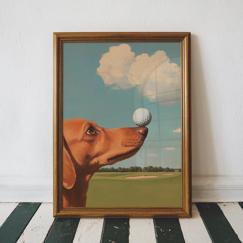 Nationcog Elegant Dachshund Golf Wall Art, Retro Wiener Dog Sports Oil Painting Print for Bar, Office or Home Decor, Playful Golfer Artwork for Dog Lovers (Unframed) (11x14)