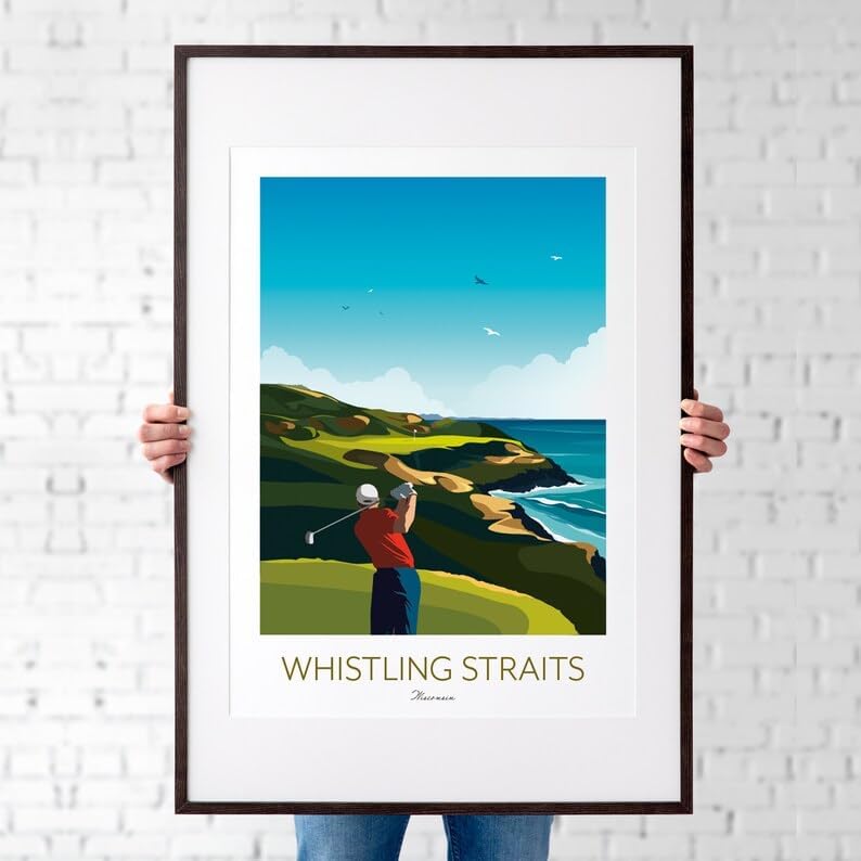 Whistling Straits Golf Print, Wisconsin - Golf Poster, Whistling Straits Golf Poster, Wisconsin Golf Course Print, Golf Art Wall Decor, Coastal Golf Landscape, Golfer Gift (Unframed) (9x11)